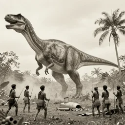 photo of early 1 9 0 0 of tribe's people hunting a giant dinosaur in bali, sepias color,
