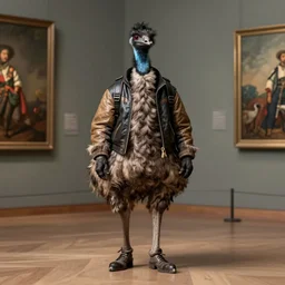 Portrait en plein pied of an Emu wearing biker clothes, Rembrandt lighting, by Philipp Otto Runge, museum catalog, high definition,