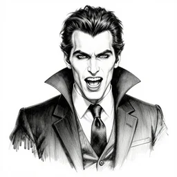 a handsome vampire in a suit and tie growling, character portrait, detailed ink drawing, black and white, 9 0 s vibe, concept art by tim bradstreet