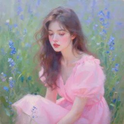 a portrait of a beautiful woman, intimate, lovely, painting by milton avery and peter balke, digital painting, faded color disposition, vibrant neon pastel, pink dress, field of blue flowers, magical, aesthetic