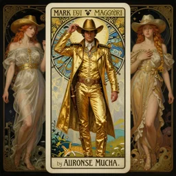 a dramatic ethereal epic symmetrical painting of a handsome cowboy in a gold outfit | tarot card, art deco, art nouveau,  (steampunk), homoerotic, highly detailed | by Mark Maggiori ((((by Alphonse Mucha)))) (((by Greg Rutkoswski))),  | trending on artstation