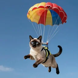 a Siamese cat skydiving parachute open, photo realistic, 4k, realistic lighting