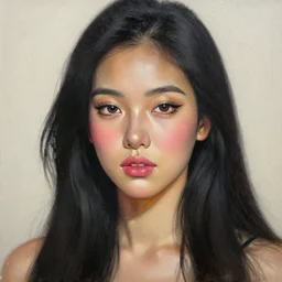 detailed oil painting of tan woman wirh long black hair, eyeliner and rosy lips and cheeks