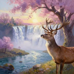the most beautiful panoramic landscape, oil painting, where a giant dreamy waterfall creates a river, the trees around are starting to bloom in pink and purple colors, a majestic deer is in close - up and it is under a giant tree while it is exhaling steam, the ray lights of the sunrise are brightening him, by greg rutkowski