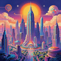 psychedelic art of a future city