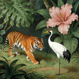 tiger hunting a white crane, tropical plants, botanical, large exotic flowers, biology, by artist john audubon