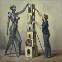 artist building tower together with abstract machine, oil painting, by ilya sipyagin