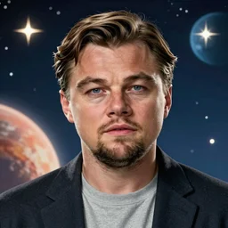 centered detailed portrait of leonardo dicaprio in don't look up, futuristic, intricate, octane render, redshift, smooth, illustration, fairy lighting, stars and planets in the background, hyperrealistic, by dmitry prozorov, loish, and wlop, trending on artstation, hyperdetailed, hyperrealism