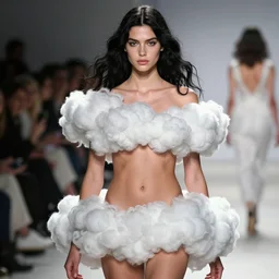 olivia wearing an outfit made from clouds, at new york fashion week, lush black hair, average physique, freckled pale skin, kodak photo by steve mccurry and greg rutkowski, stage lighting, female beauty, intricate detail, risque fashion, elegance, 3 5 mm, depth of field, masterpiece