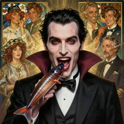 portrait of a vampire!!!! with a sea lamprey!!!! mouth!!!, in the styles of ( national geographic ), ( ( ( ( alphonse mucha ) ) ) ), jim warren, peter mohrbacher, gerald brom, and marc simonetti, intricate, hyperrealistic, volumetric lighting