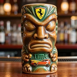 a closeup photorealistic photograph of a glossy ferrari themed tiki mug at at a trader vic's bar featuring the young enzo ferrari's face. party time. tiki theme. bright scene. fine detail. this 4 k hd image is trending on artstation, featured on behance, well - rendered, extra crisp, features intricate detail, epic composition and the style of unreal engine.