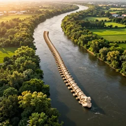 wide!!! landscape photo of river that follows the distinct shape of a lateral human spinal!! column!!!, high detail, drone photo, golden hour, lush green vegetation, medium format