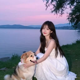 a beautiful girl with a beautiful face wearing white dress, a dog, john martin landscape, lake evening, pastel pink and blue colors
