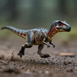 action photography, long shot, dark and rainy, award winning macro photo of an ultra detailed intricate tiny muddy velociraptor running very fast on mud, fast shutter speed, motion blur, tiny gaussian blur, highly detailed, highly intricate, depth of field, national geographic