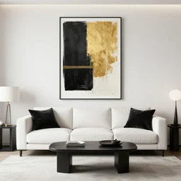 realistic minimalist living room. white black and gold theme. large frame wall art behind couch