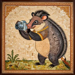 A Mughal miniature style Mosaic made with Ochre on Ceramic of An aardvark arrogantly pinching A Camera in the style of Carle Van Loo, trending on artstation, trending on cgsociety