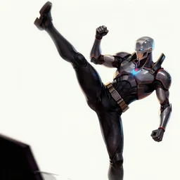 ultron doing a high kick, a page from cyberpunk 2 0 2 0, style of paolo parente, style of mike jackson, adam smasher, johnny silverhand, 1 9 9 0 s comic book style, white background, ink drawing, black and white