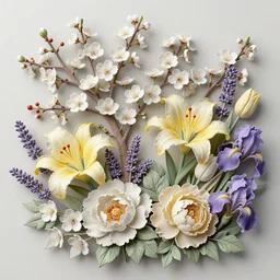 still life of flowers, centered, complex 3 d render, ultra detailed, intricate, realistic, textured, 8 5 mm lens, refined, high definition, photo realism, rembrandt lighting, cherry blossoms, white flowers, little red berries, more detailed, lavender, yellow st joseph lily, peonies, foliage, tulips, iris, ethereal,