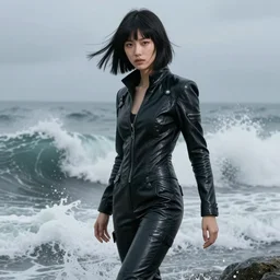 latent space, rolling crashing waves, youthful asian blade runner demure, 3 5 mm, realistic exquisite features, feminine cut, pris mascara, frontiers in flight leather suit, smoke, grain, misty, stephane sednaoui, id magazine photoshoot