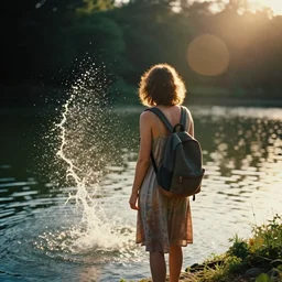a 2 8 mm holga photo from the back of a woman in a sundress wearing a backpack at the edge of a lake, splash art, movie still, bokeh, canon 5 0 mm, cinematic lighting, dramatic, film, photography, golden hour, depth of field, award - winning, anamorphic lens flare, 8 k, hyper detailed, 3 5 mm film grain