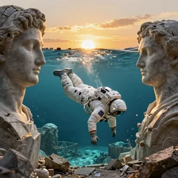 peter tarka, golden hour, minimalistic, hyperrealistic surrealism, award winning masterpiece with incredible details, epic stunning, astronaut sinking falling underwater infinity pool, a surreal vaporwave liminal space, highly detailed, trending on artstation, artgerm and greg rutkowski and alphonse mucha, daily deviation, iamag, broken giant marble head statue ruins, illuminated