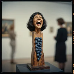 kodak portra 4 0 0, wetplate, muted colours, blueberry, 1 9 3 0 s style, award winning portrait of wooden skulptur of hysterically laughing loudly yoko ono by willy verginer in a vernissage, haze, motion blur, in the style of britt marling and by georges melies