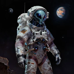 a dark space alien is encountered during a space walk on planet Enduria b, Technicolor in the style of Wayne Barlowe