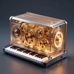 A Glowing Power Generator made of Musical Instruments, Render, Concept art, power, mechanical, gears, piano keys