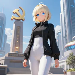 platinum - blonde - haired bob cut blue - eyed princess wearing white leggings and black jacket, standing next to communist monument, futuristic city, anime, hd anime wallpaper, hyperrealistic lighting, octane render, volumetric lighting, drawn by artgerm