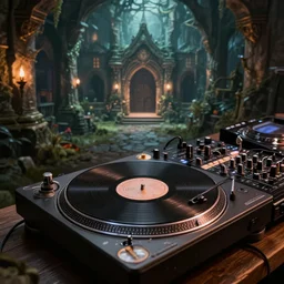 a dj set with tourntable in a fantasy dungeon