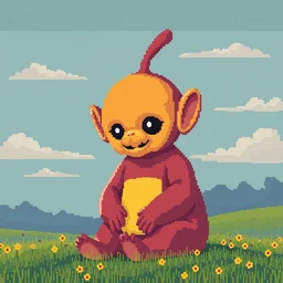 a giant teletubby, sinisterly sitting in a field, pixel art