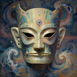 hyper detailed masterpiece, ancient oracle psychedelic prescience pattern face mask man portrait, artgerm, moebius, donato giancola, tom bagshaw, digital art painting, dream wave aesthetic, ethereal, epic, italian futurism,