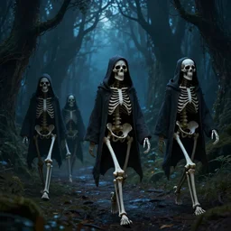 skeletons with hoodies walking in an elven forest at night, dnd, dramatic, fantasy art