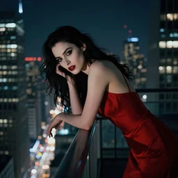 portrait of a beautiful vampire pensively leaning over the railing on a skyscraper with the nighttime cityscape in the background. wearing a red dress. visible face. masterpiece by artgerm and greg rutkowski and ilya kuvshinov paul lerh
