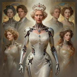 queen elizabeth as a organic cyborg, diffuse lighting, fantasy, intricate, elegant, highly detailed, lifelike, photorealistic, digital painting, artstation, illustration, concept art, smooth, sharp focus, art by john collier and albert aublet and krenz cushart and artem demura and alphonse mucha