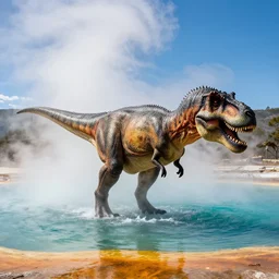 tyrannosaurus rex bathing in grand prismatic spring, fictional photography, in the style of jurrassic park