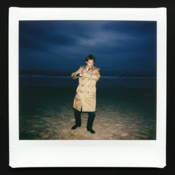 9 0 s polaroid photograph of norman reedus wearing a trenchcoat at night, dancing on a beach during cloudy weather, vignette