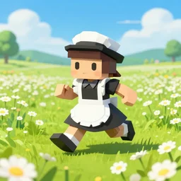 ( ( low _ poly ) ) ( ( playstation ) ) running ( ( anthropomorphic ) ) ( ( lurantis ) ) ( [ maid ] ) wearing a hat ( standing ) in a ( ( field ) of daisies ), mount coronet in the distance illustration by ruan jia on artstation