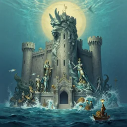 the holy castle of Poseidon, aquatic artwork, with statues, hyperdetailed, artstation, cgsociety, by greg rutkowski, by Gustave Dore, Deviantart