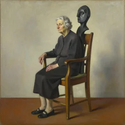 old lady on the tall chair with jean arp sculpture on her back. painting by abercrombie gertrude, georgia o'keefe.