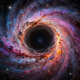 artist's rendition of a black hole, colorful nebulae in the background, 8 k, ultra detailed