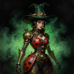 a portrait painting of a steampunk lady bug witch. green foggy atmosphere, black background. highly detailed science - fiction painting by norman rockwell, moebius, frank frazetta, and syd mead. rich colors, high contrast. artstation