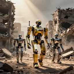 color video footage, assault robots walking in the bombed city,