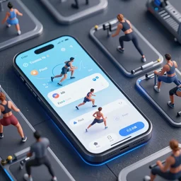people in fitness suits training in an environment of bright ui element of mobile application, aerial view, unreal engine 5, hyper detailed details, artstation, masterpiece, 4 k, volumetric light, depth of field, intricate art, digital art