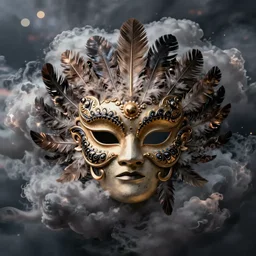 an elaborate intricate mask made of feathers surrounded by storm clouds, rendered in octane, behance hd, bokeh backdrop
