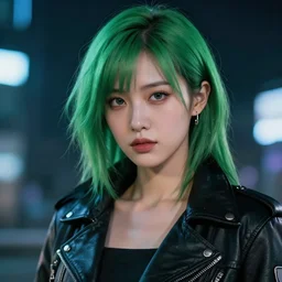 young Asian Cyberpunk woman with green hair, Close up portrait, wearing a leather jacket, hyperdetailed, artstation, cgsociety, 8k, nighttime