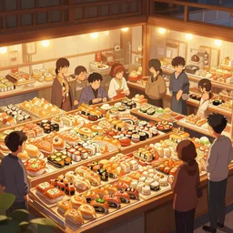 Crowded sushi bakery, wide shot, trending on artstation