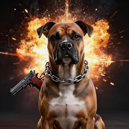gangster courage dog, hd, scary, chains in neck, handgun, explosion behind, dark, smooth, fine,