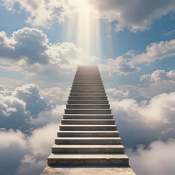infinite stairs rising to the heaven in the middle of the sky, concept art, octane render, unreal engine 5, digital painting, hyperrealistic, highly detailed, high quality, 8 k hdr, digital art, clouds in the sky, breathtaking view, path traced, god, godrays, beautiful, elegant, harmonious, complementary colors, natural lighting