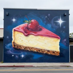 cosmic cheesecake as graffiti mural by lee, masterpiece, trending on artstation